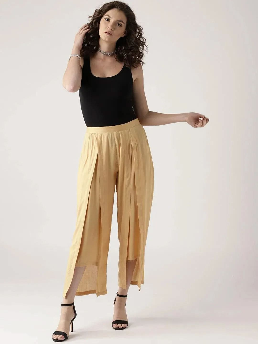 Beige Solid Rayon Palazzos - Libas