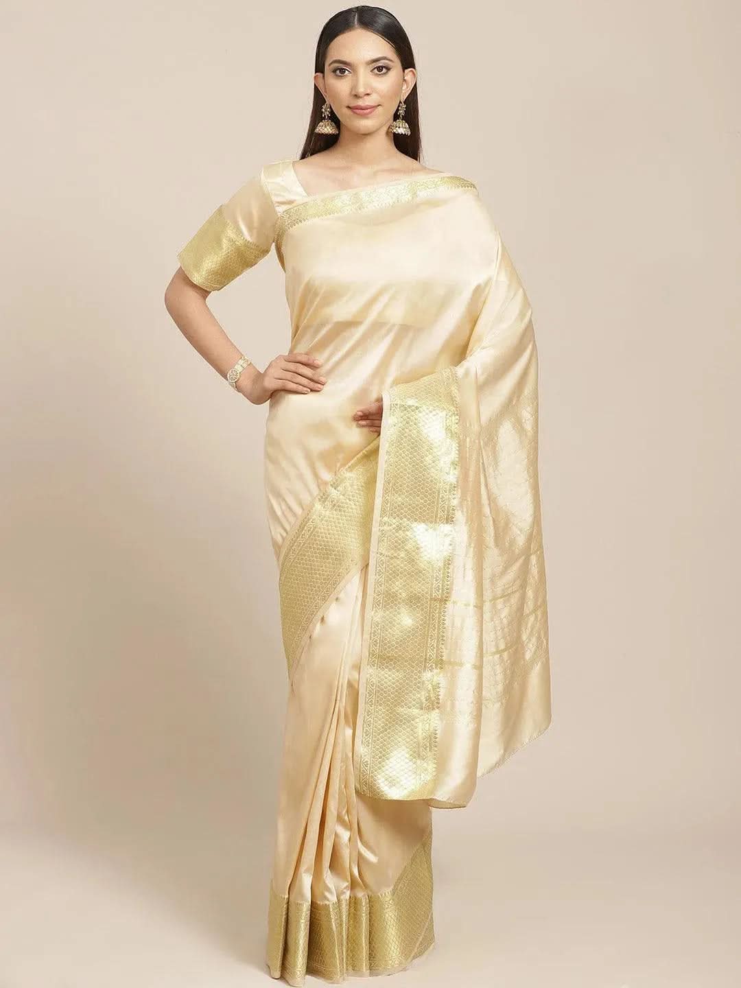 Beige Solid Silk Blend Saree - Libas