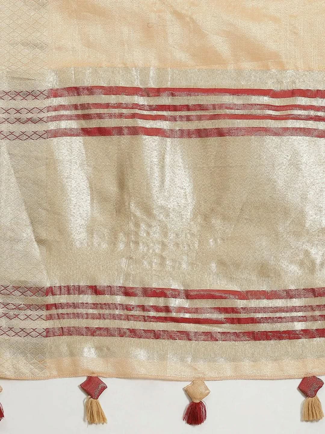 Beige Solid Silk Blend Saree - Libas