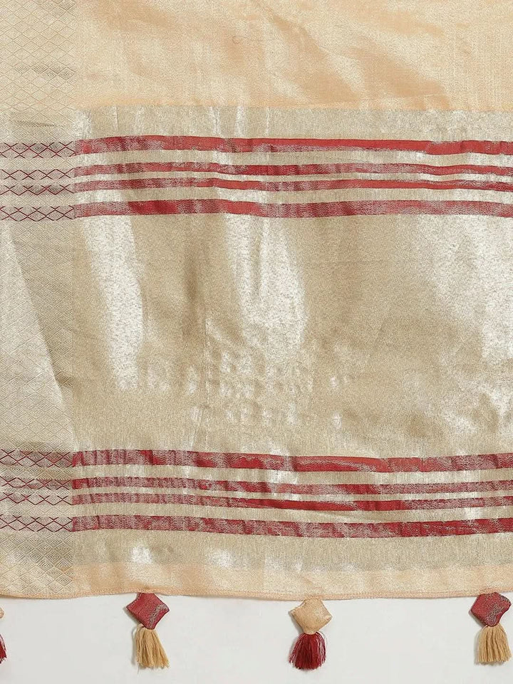 Beige Solid Silk Blend Saree - Libas