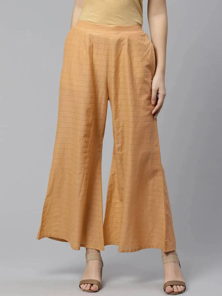Beige Striped Cotton Palazzos - Libas
