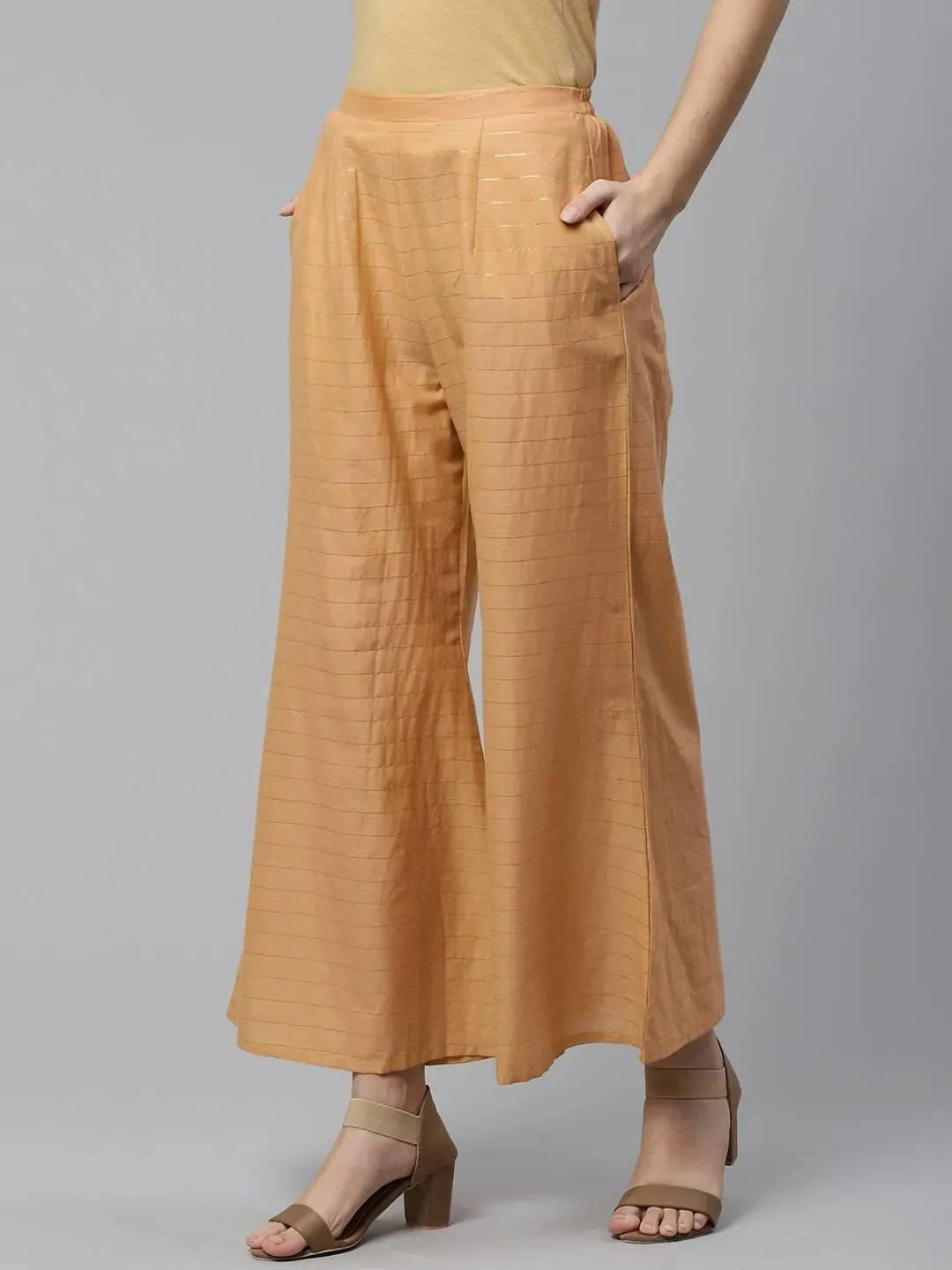 Beige Striped Cotton Palazzos - Libas