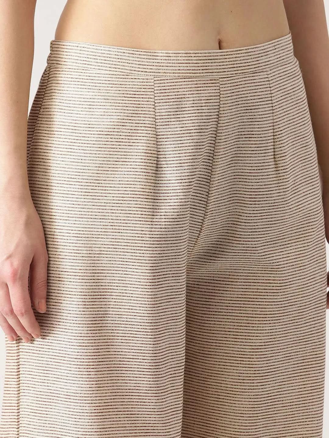 Beige Striped Cotton Palazzos - Libas