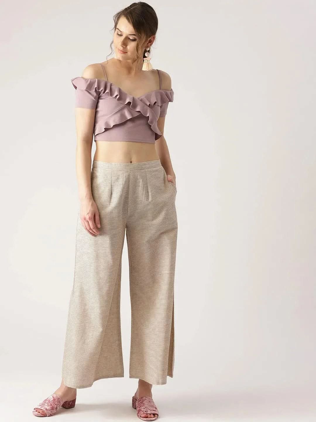 Beige Striped Cotton Palazzos - Libas