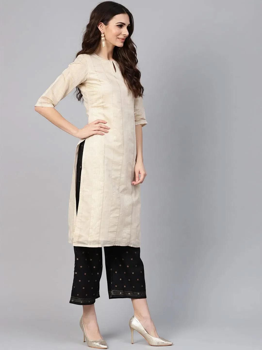 Beige Striped Polyester Kurta
Beige Striped Polyester Kurta