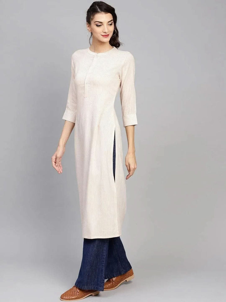 Beige Striped Rayon Kurta - Libas