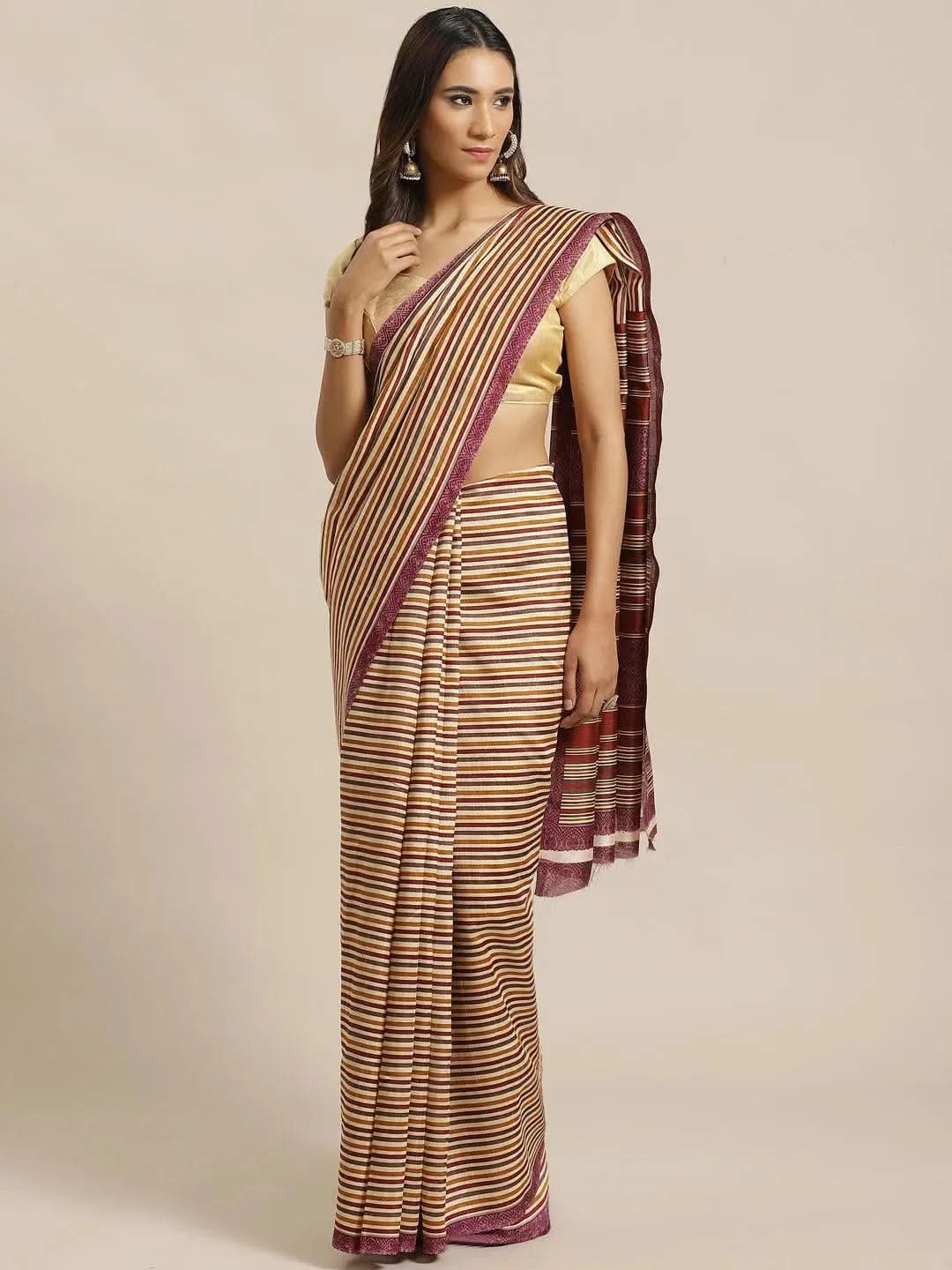 Beige Striped Silk Blend Saree - Libas