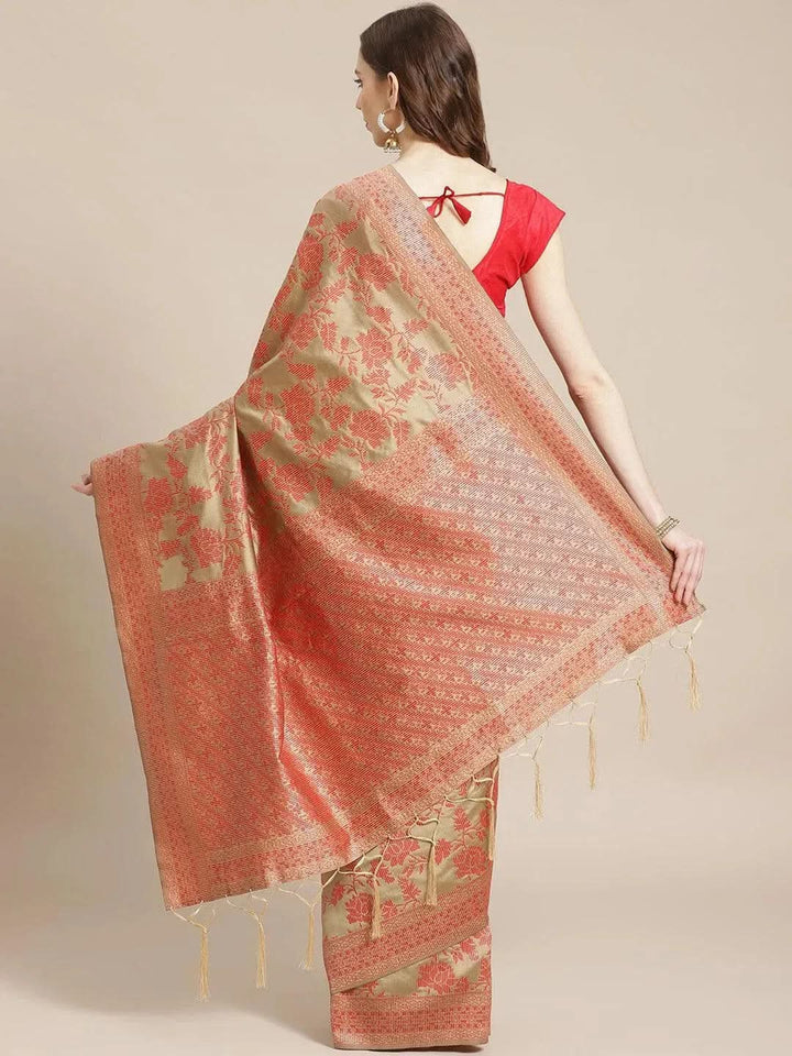 Beige Woven Design Brocade Saree - Libas