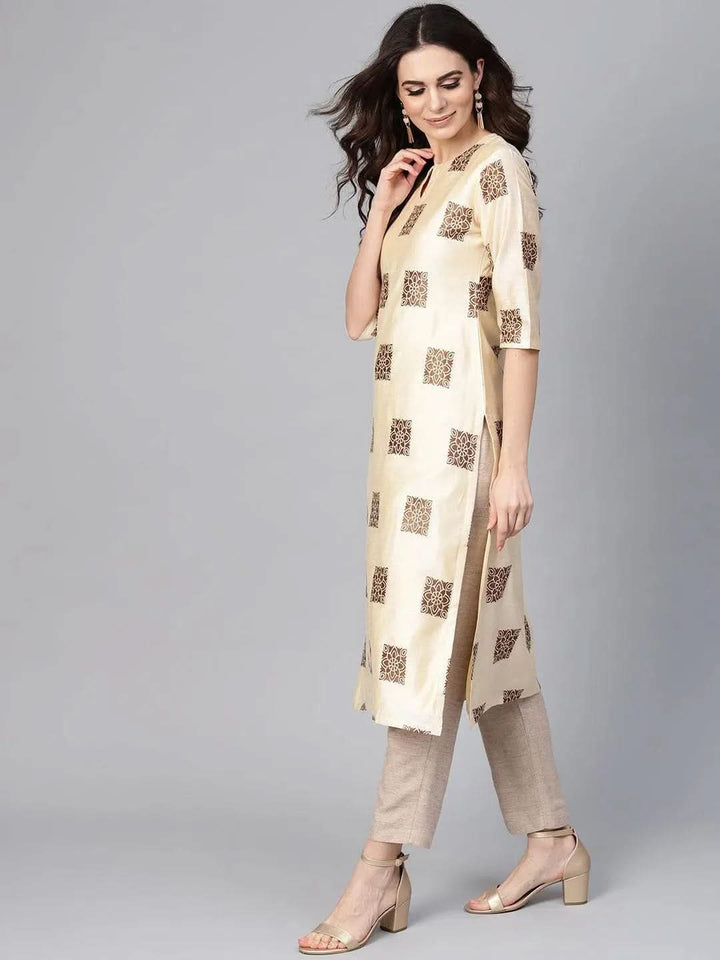 Beige Woven Design Chanderi Kurta - Libas