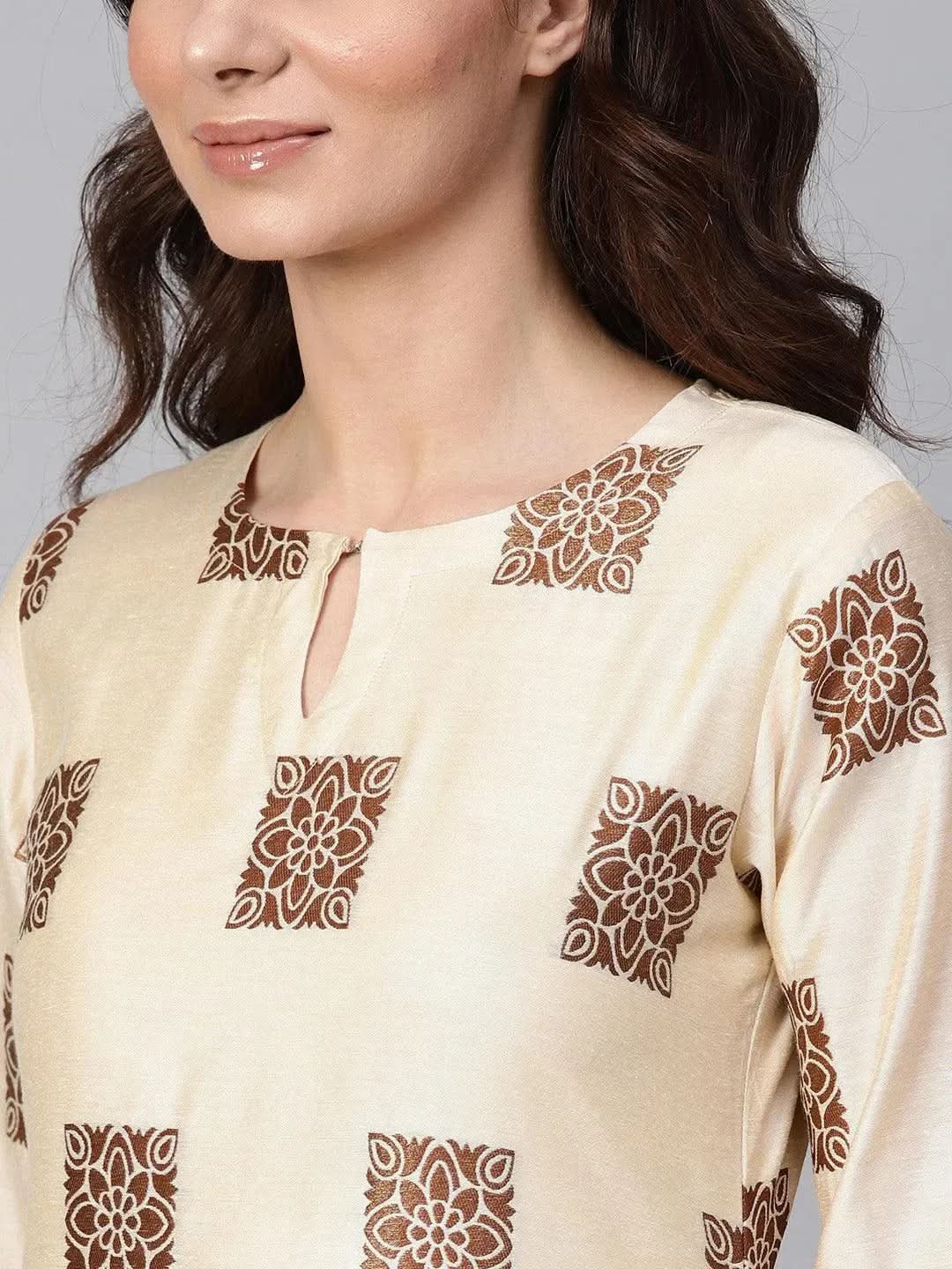 Beige Woven Design Chanderi Kurta - Libas