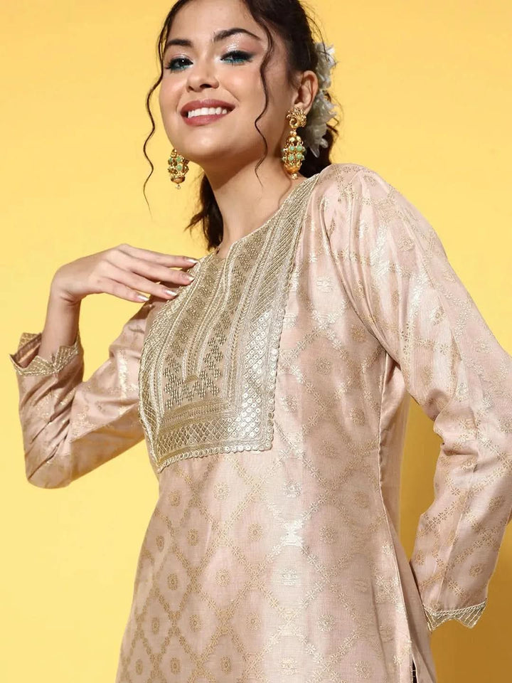 Beige Woven Design Chanderi Silk Straight Kurta - Libas