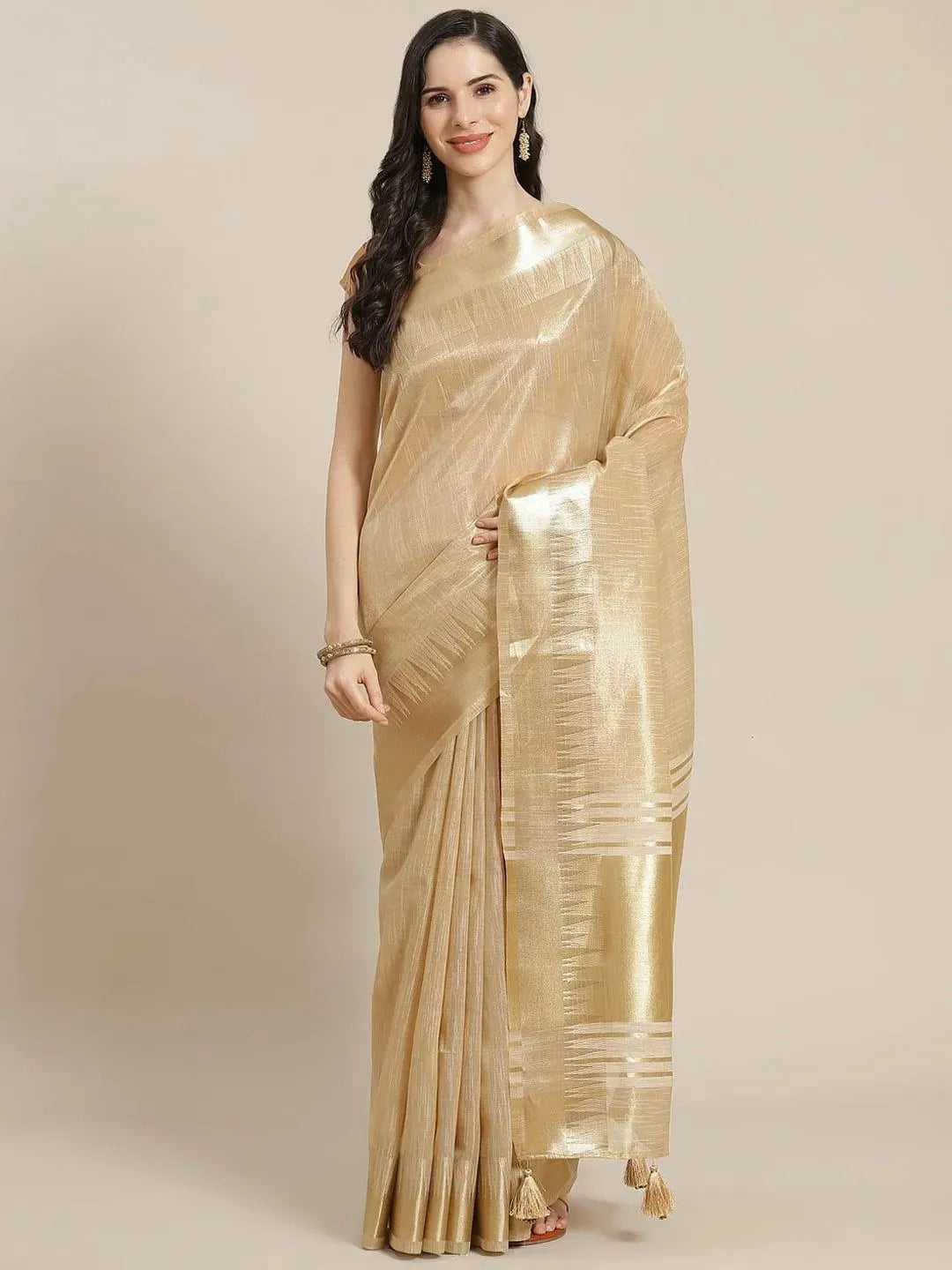 Beige Woven Design Silk Blend Saree - Libas