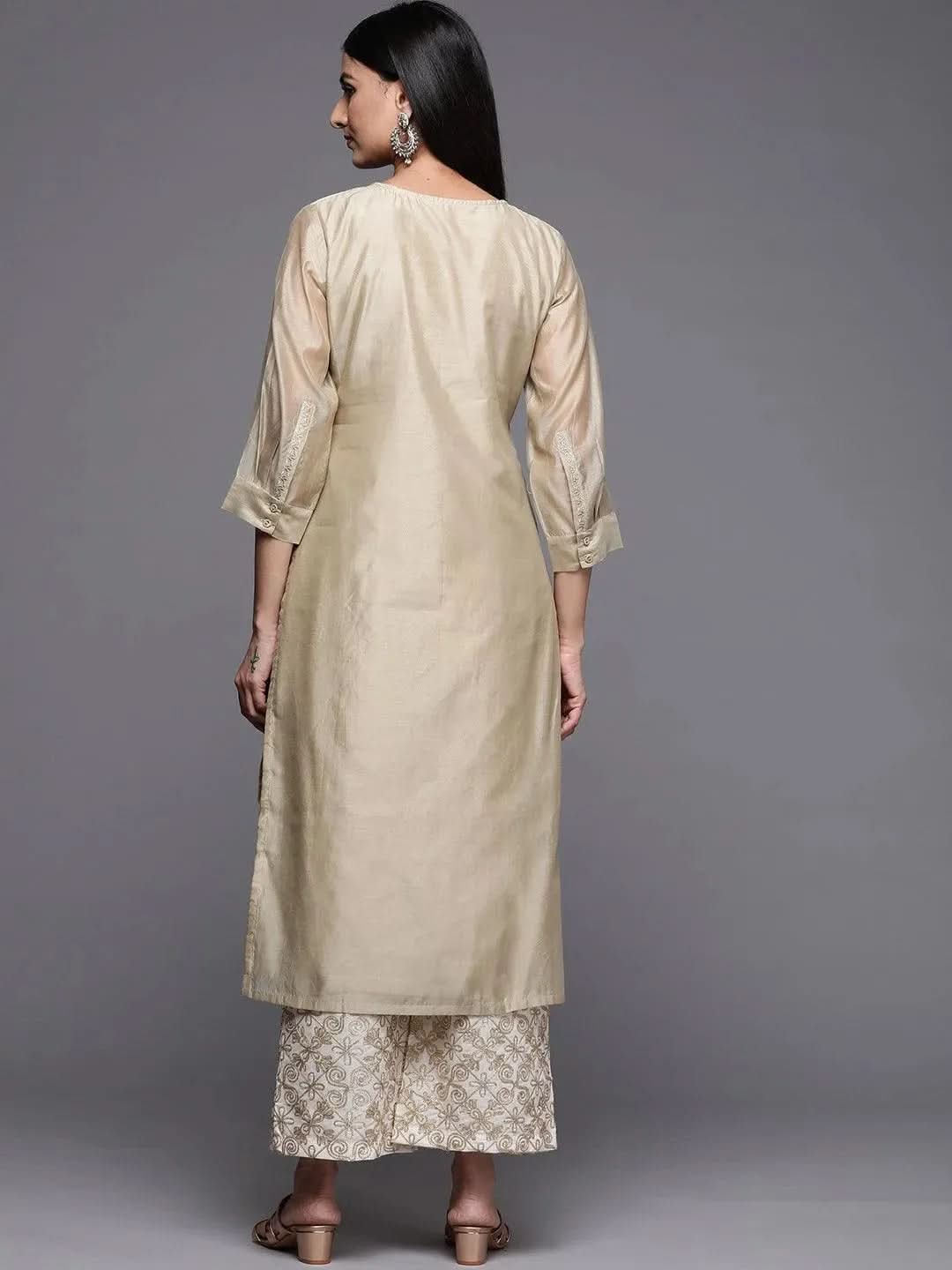 Beige Yoke Design Chanderi Cotton Straight Kurta - Libas