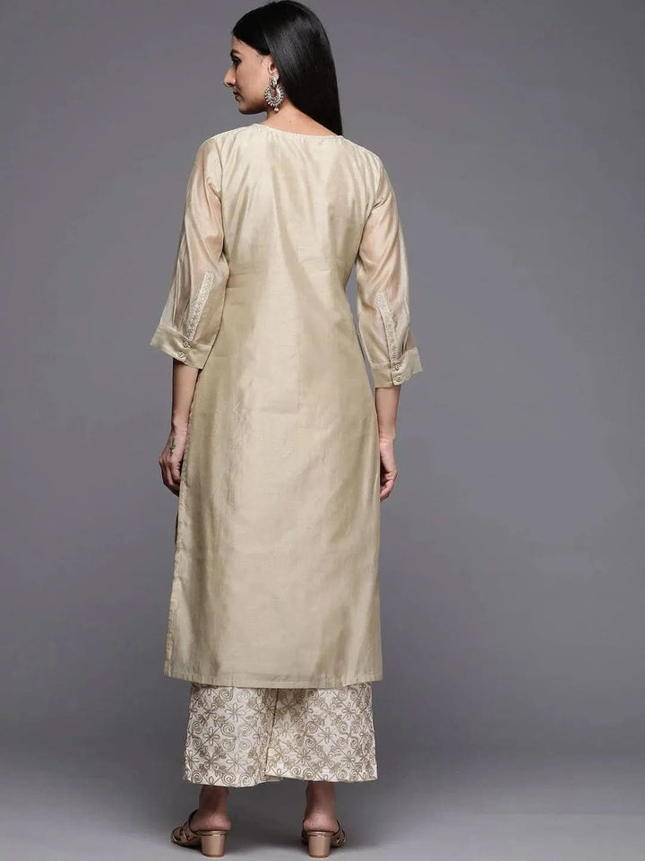 Beige Yoke Design Chanderi Cotton Straight Kurta - Libas