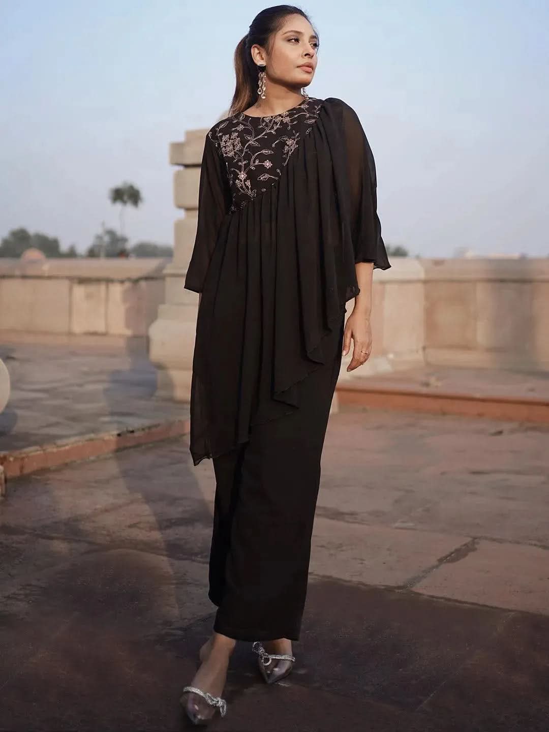 Black Embellished Georgette Top With Palazzos
Black Embellished Georgette Top With Palazzos