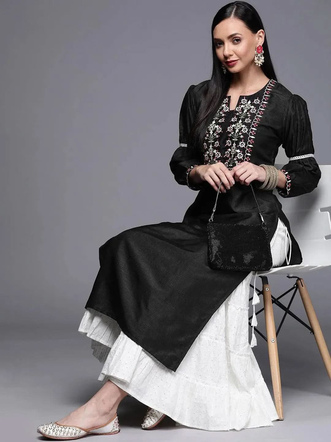 Black Embroidered Chanderi Silk Kurta - Libas