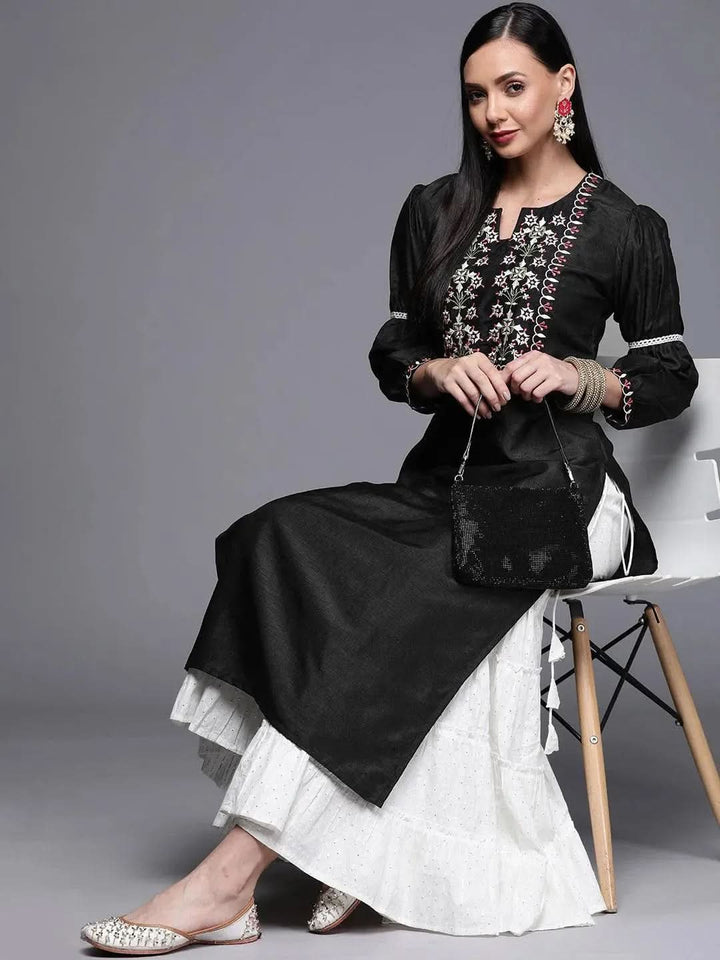 Black Embroidered Chanderi Silk Kurta - Libas