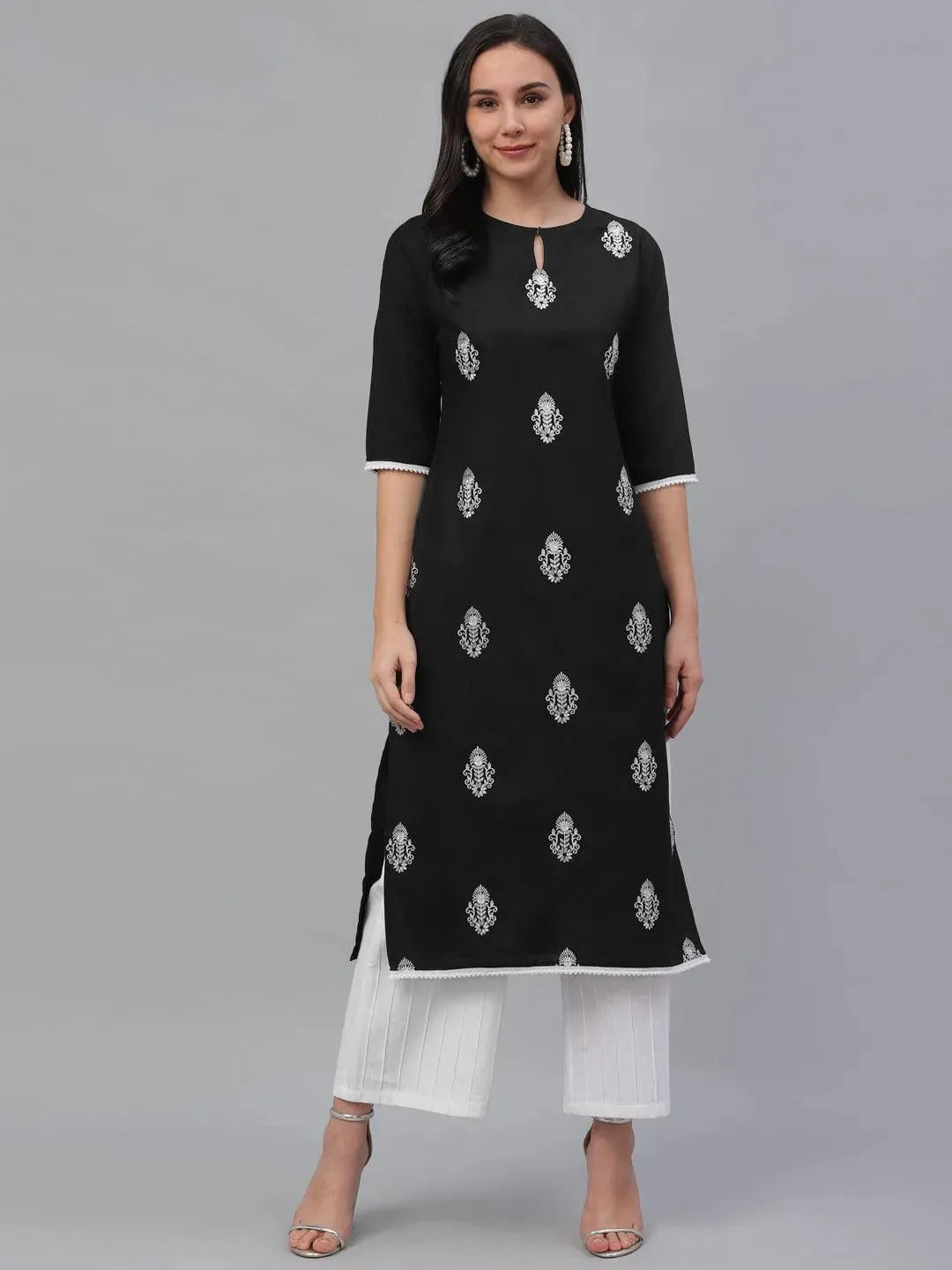 Black Embroidered Cotton Kurta - Libas