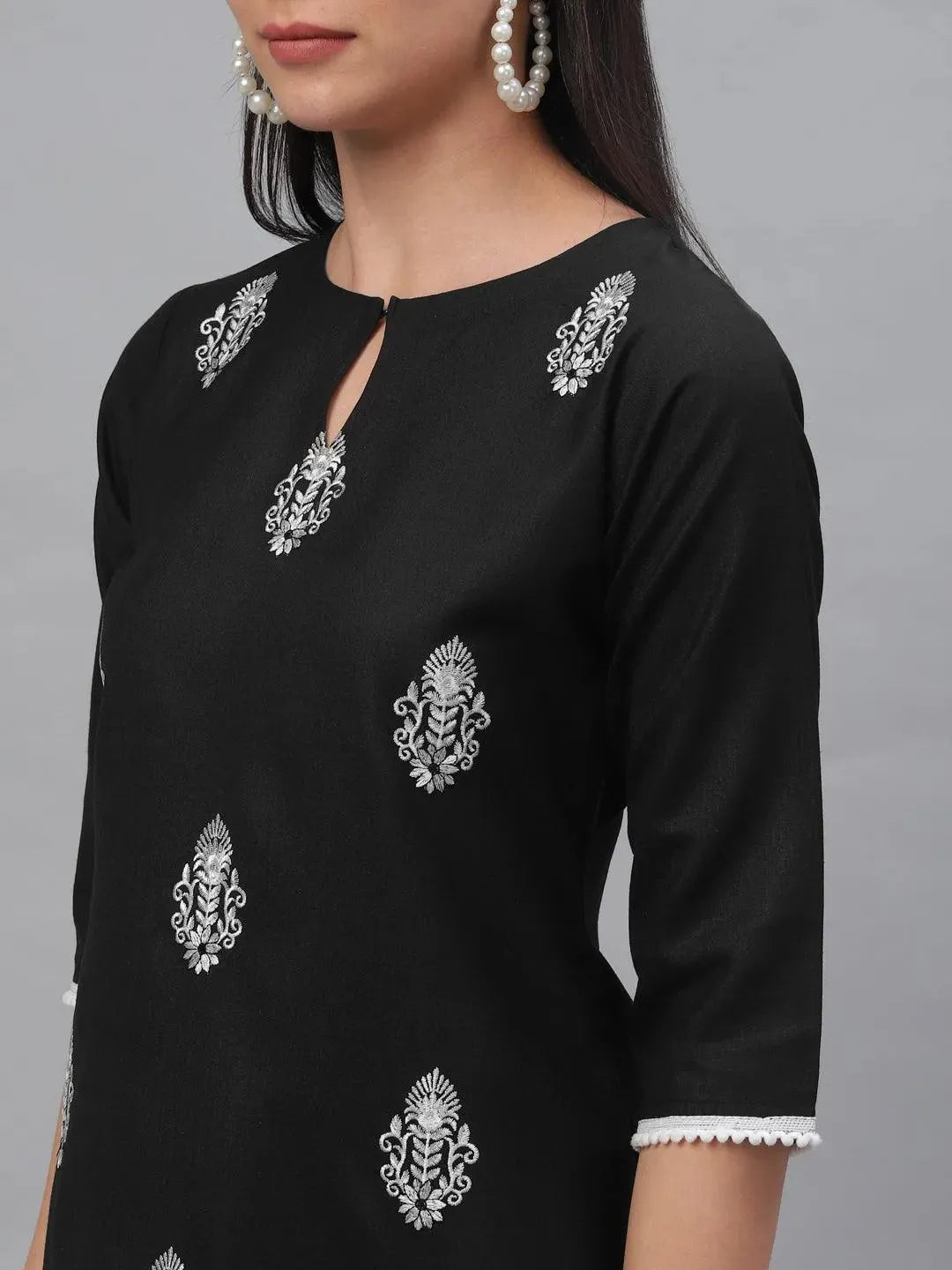 Black Embroidered Cotton Kurta - Libas