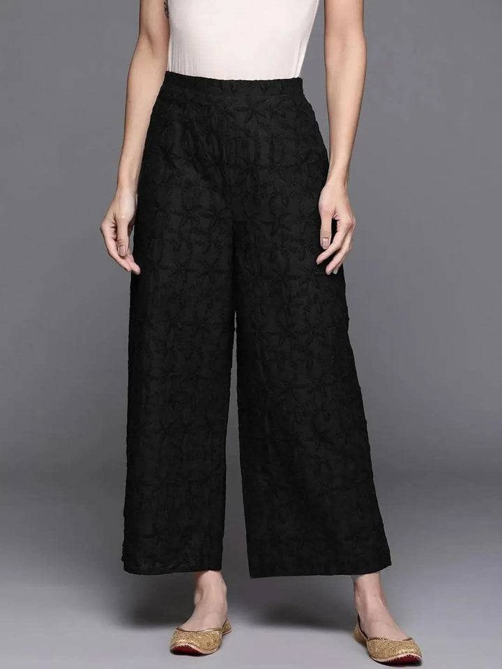 Black Embroidered Cotton Palazzos - Libas
