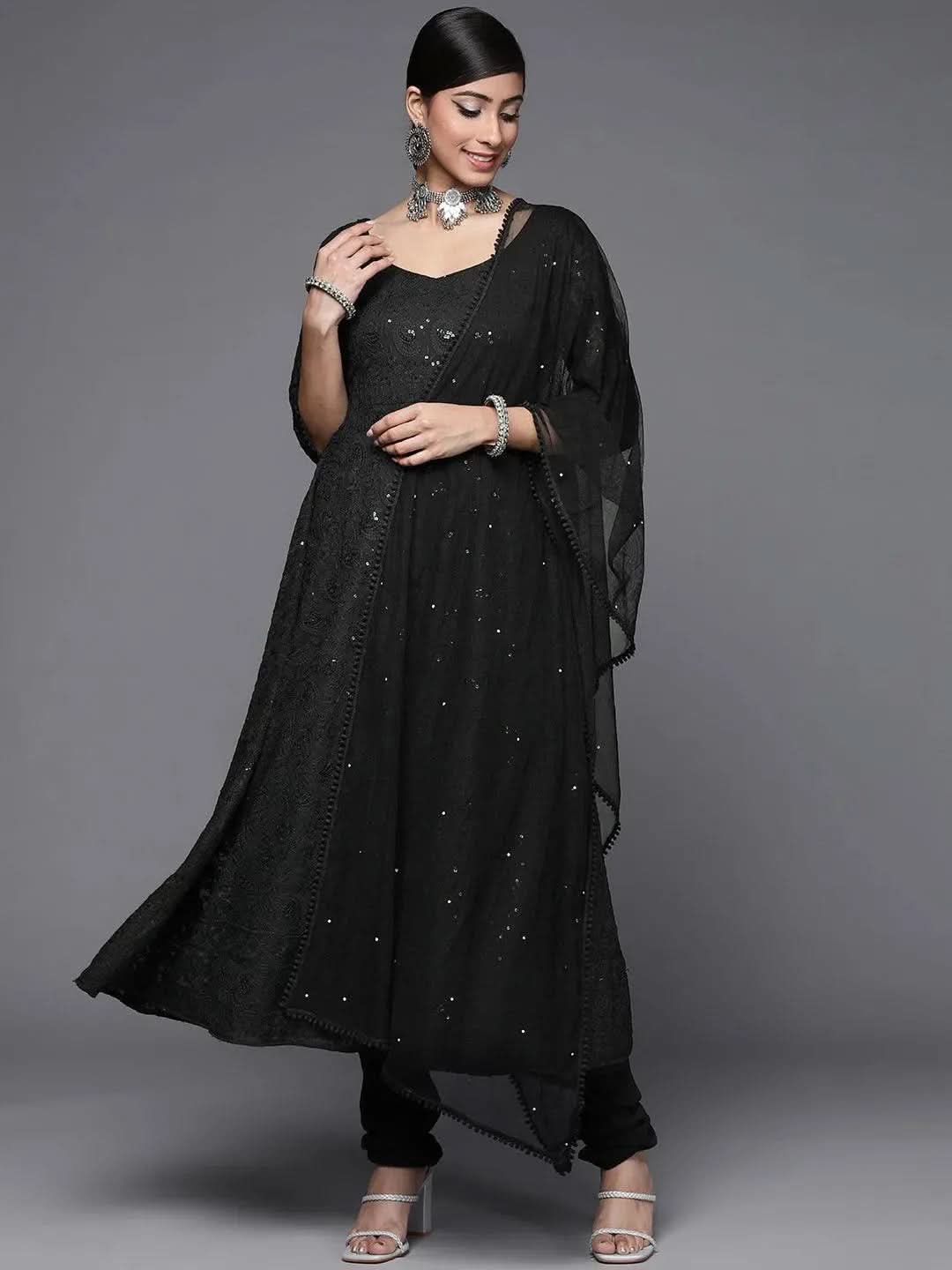 Black Embroidered Georgette Anarkali Kurta With Churidar & Dupatta
Black Embroidered Georgette Anarkali Kurta With Churidar & Dupatta