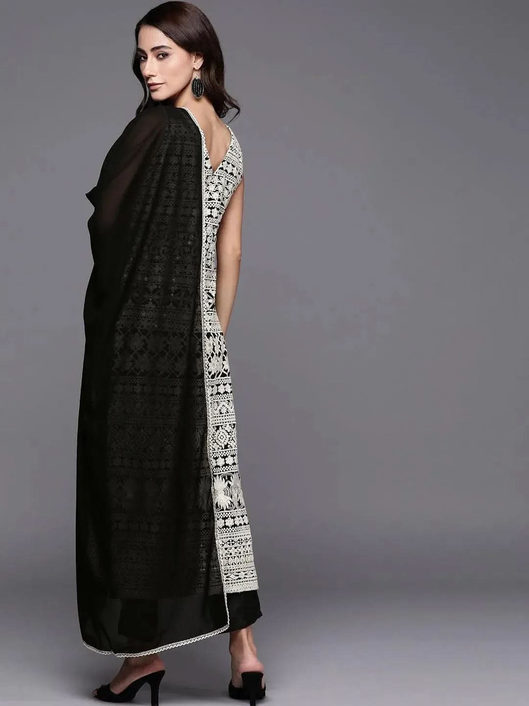 Black Embroidered Poly Georgette Suit Set - Libas