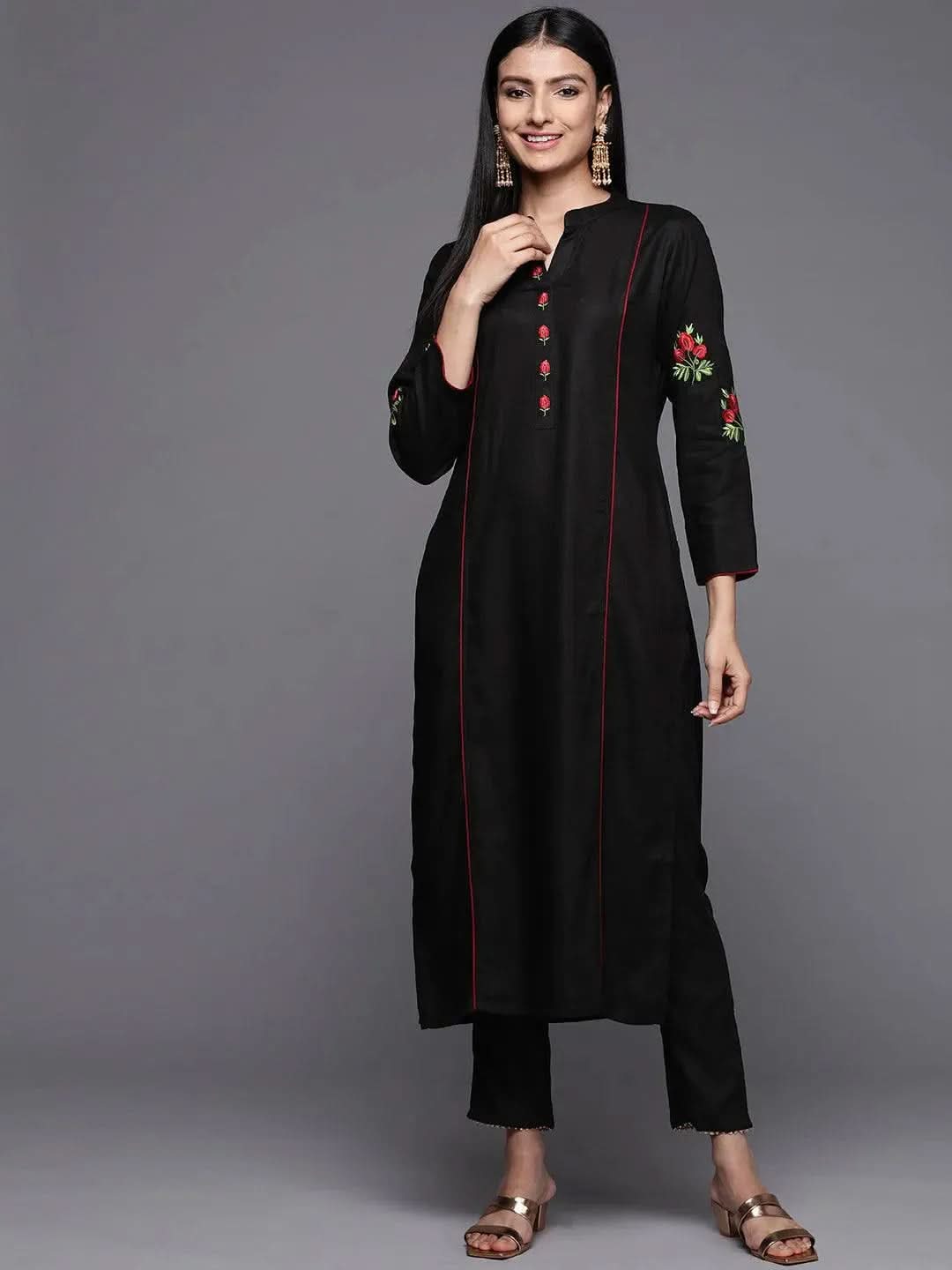 Black Embroidered Pashmina Wool Straight Kurta - Libas
