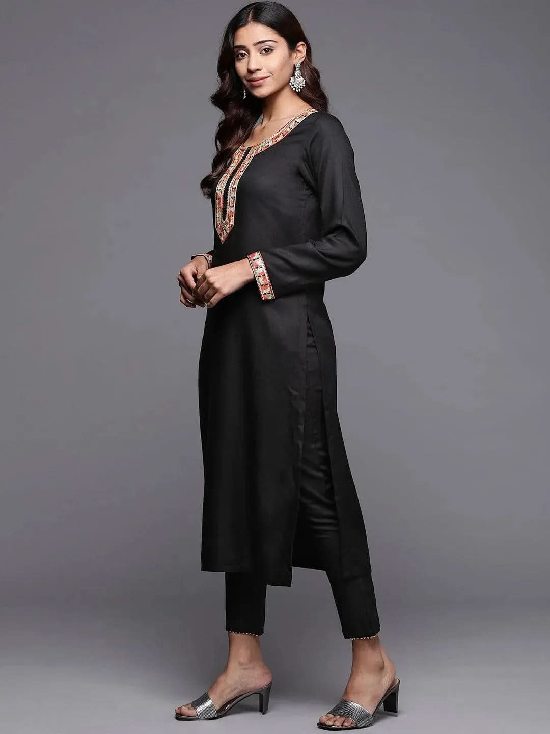 Black Embroidered Pashmina Wool Straight Kurta - Libas