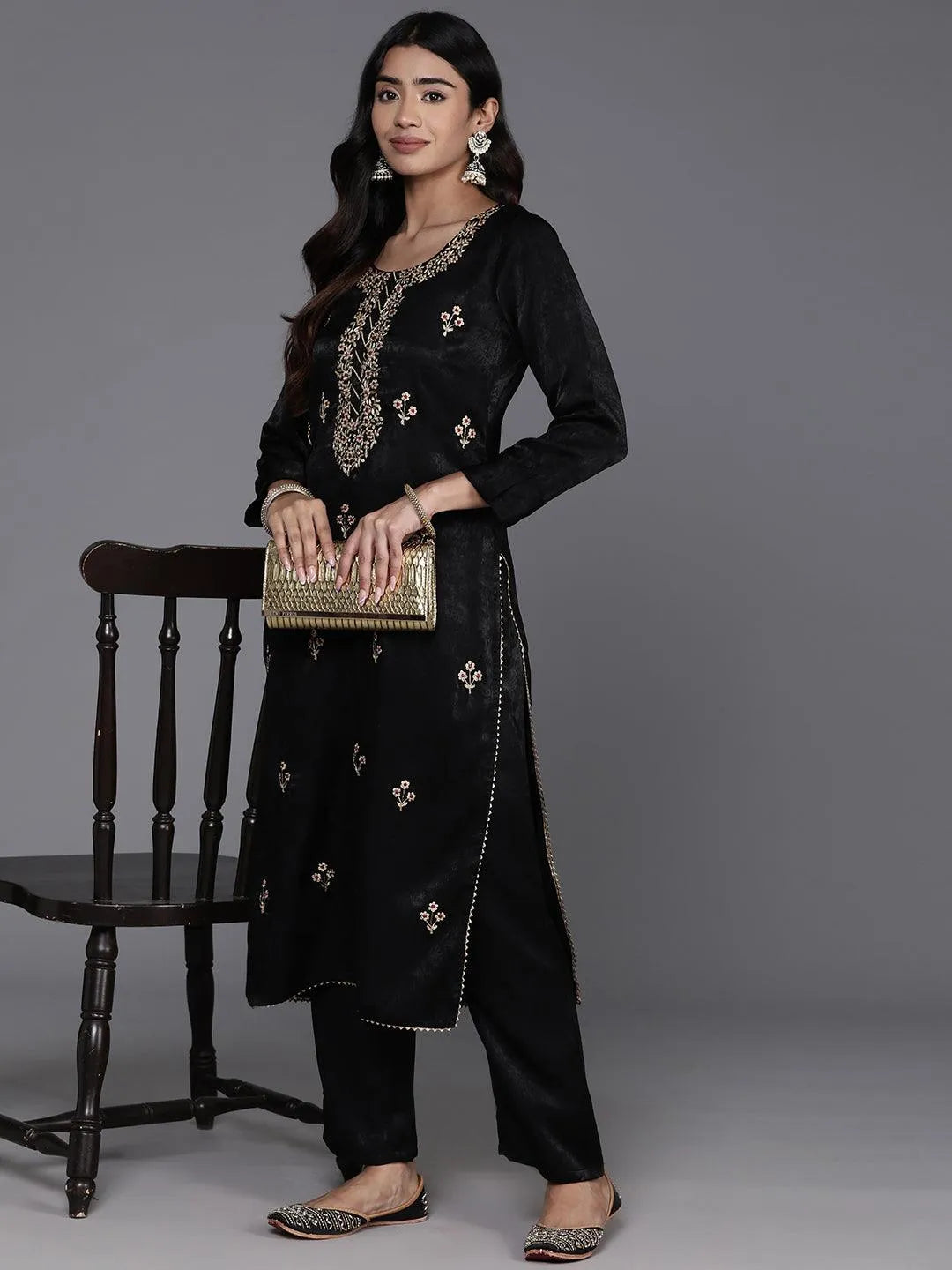 Black Embroidered Polyester Straight Kurta With Trousers - Libas