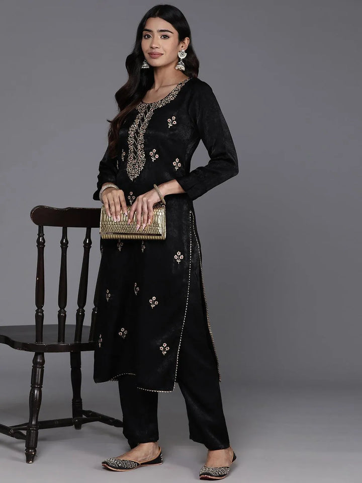 Black Embroidered Polyester Straight Kurta With Trousers - Libas