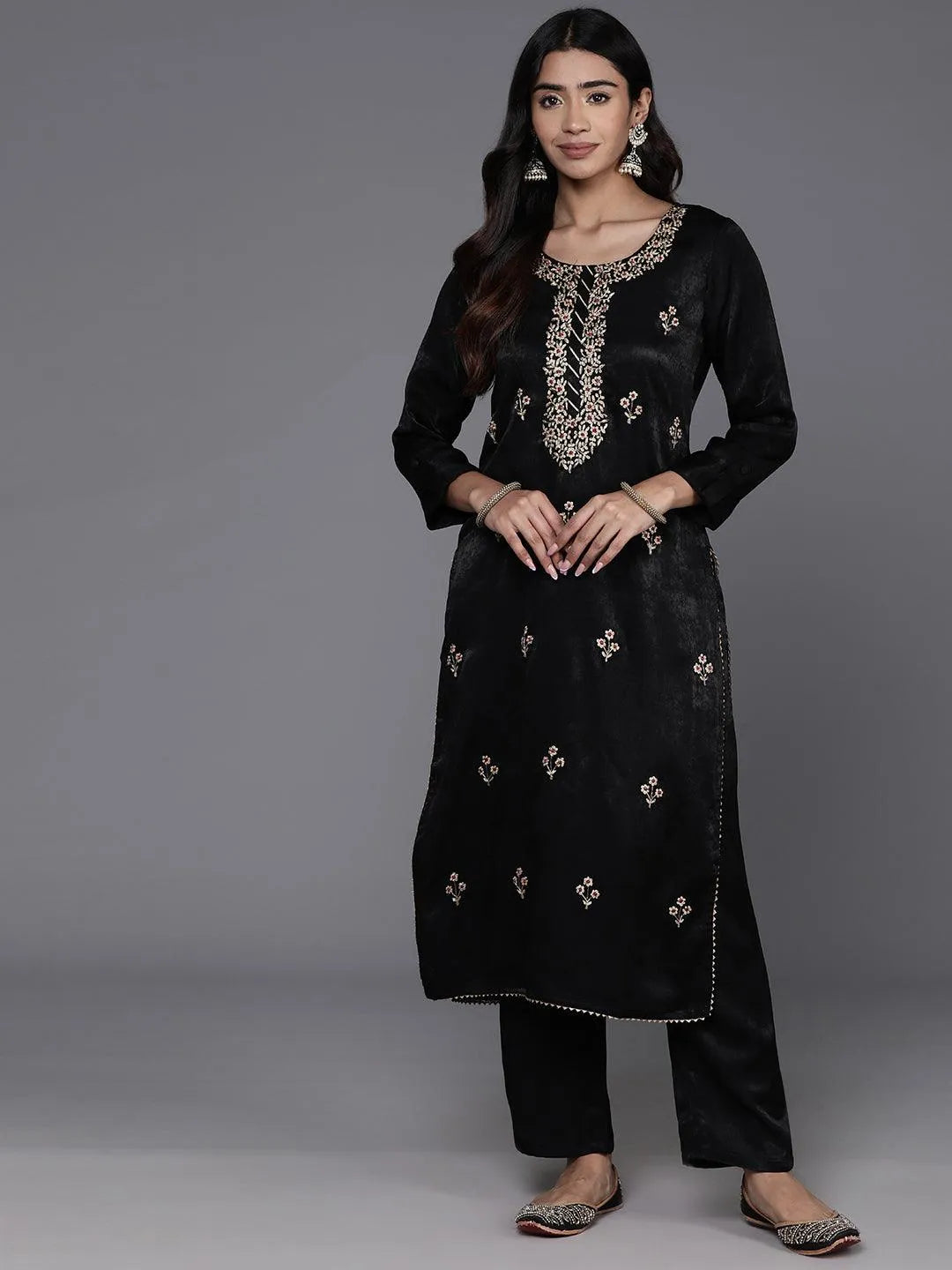 Black Embroidered Polyester Straight Kurta With Trousers - Libas