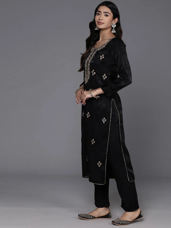 Black Embroidered Polyester Straight Kurta With Trousers - Libas