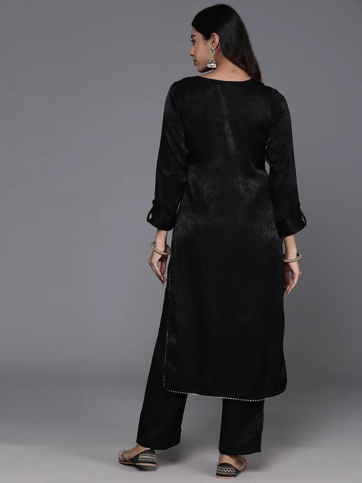 Black Embroidered Polyester Straight Kurta With Trousers - Libas