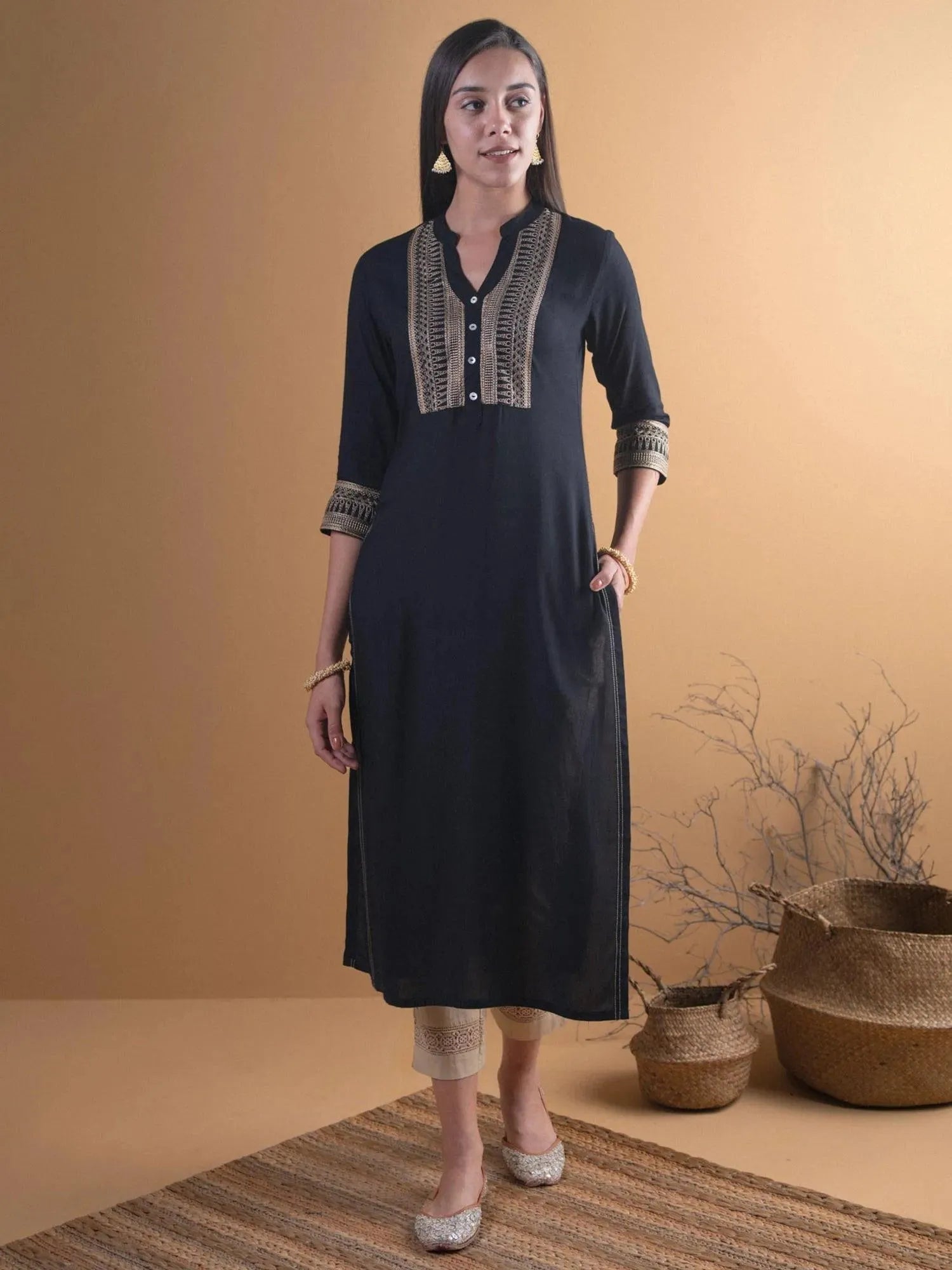 Black Ethnic Motif Printed Rayon Kurta  With Straight Hemline And Buttons main image 0