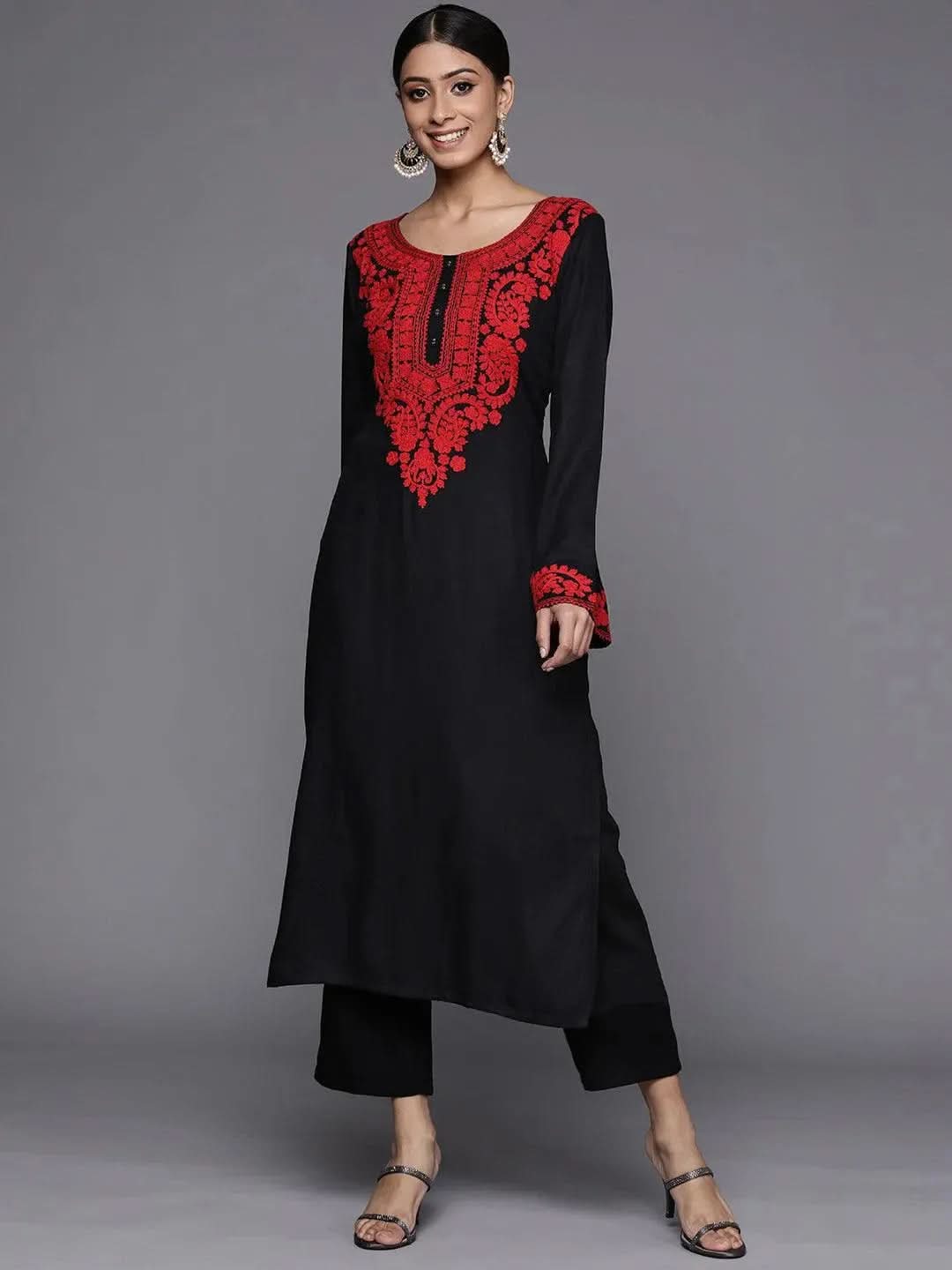 Black Embroidered Rayon Kurta - Libas