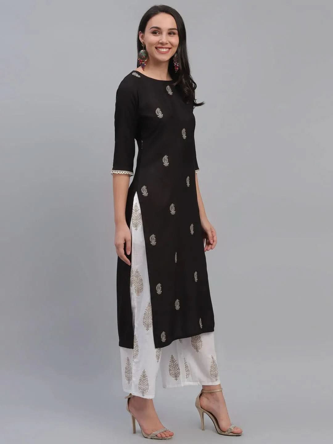 Black Embroidered Rayon Kurta - Libas