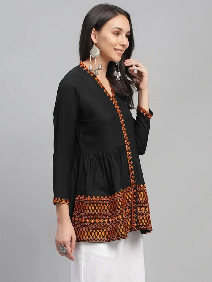 Black Embroidered Rayon Kurti - Libas