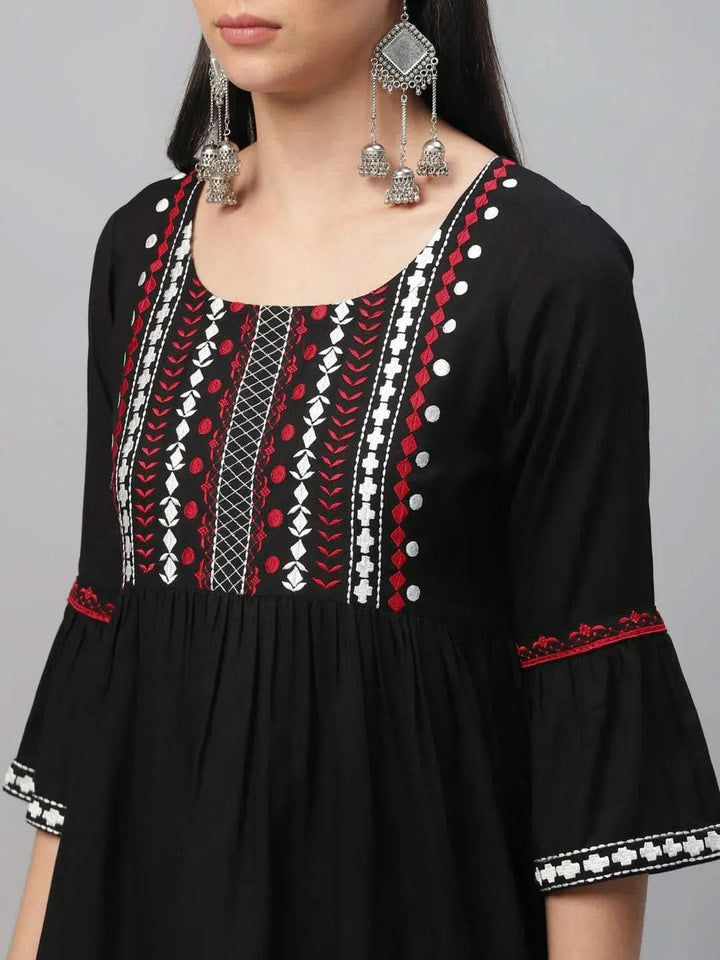 Black Embroidered Rayon Kurti - Libas