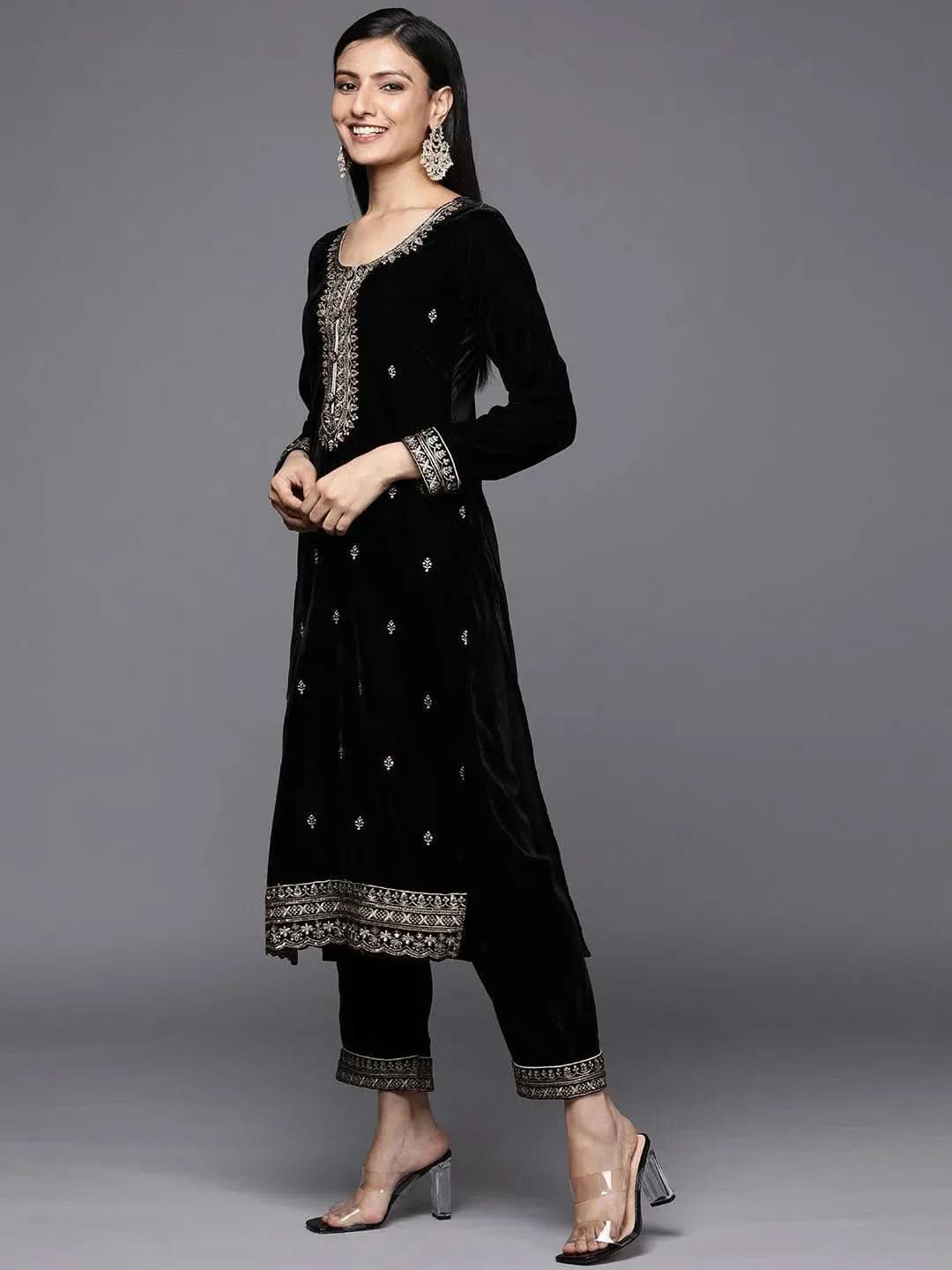 Black Embroidered Velvet Straight Suit Set - Libas