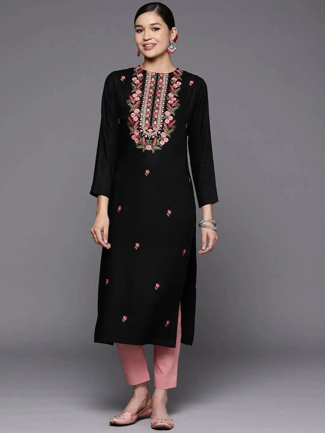 Black Embroidered Wool Straight Kurta - Libas