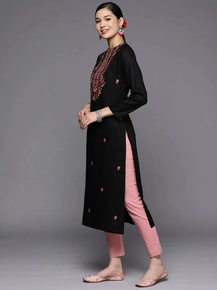 Black Embroidered Wool Straight Kurta - Libas