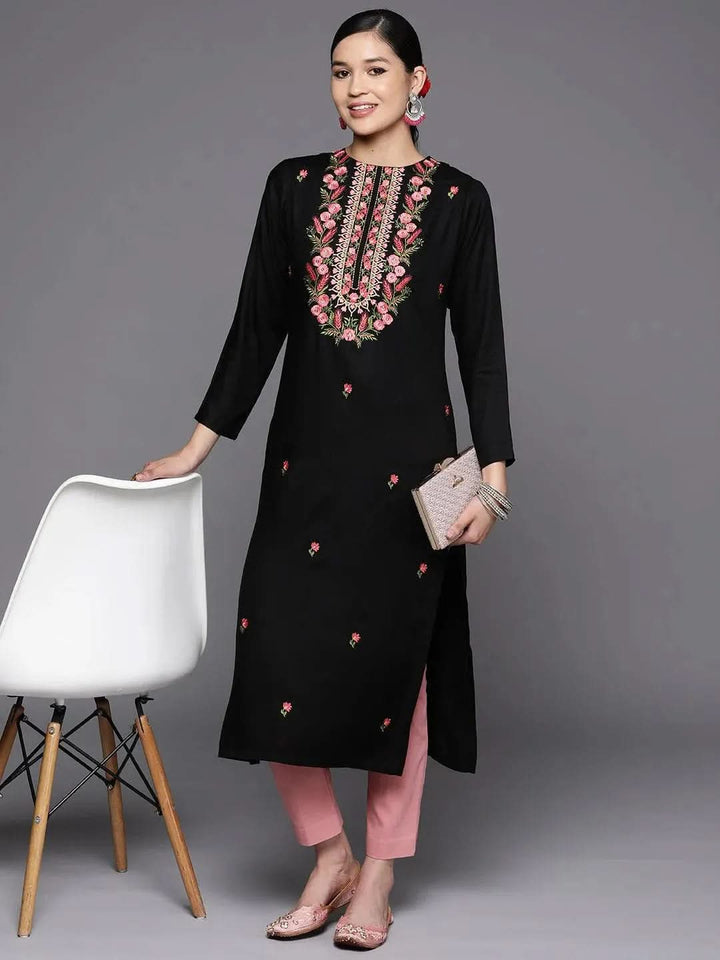 Black Embroidered Wool Straight Kurta - Libas