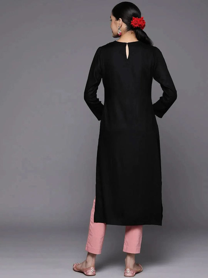 Black Embroidered Wool Straight Kurta - Libas
