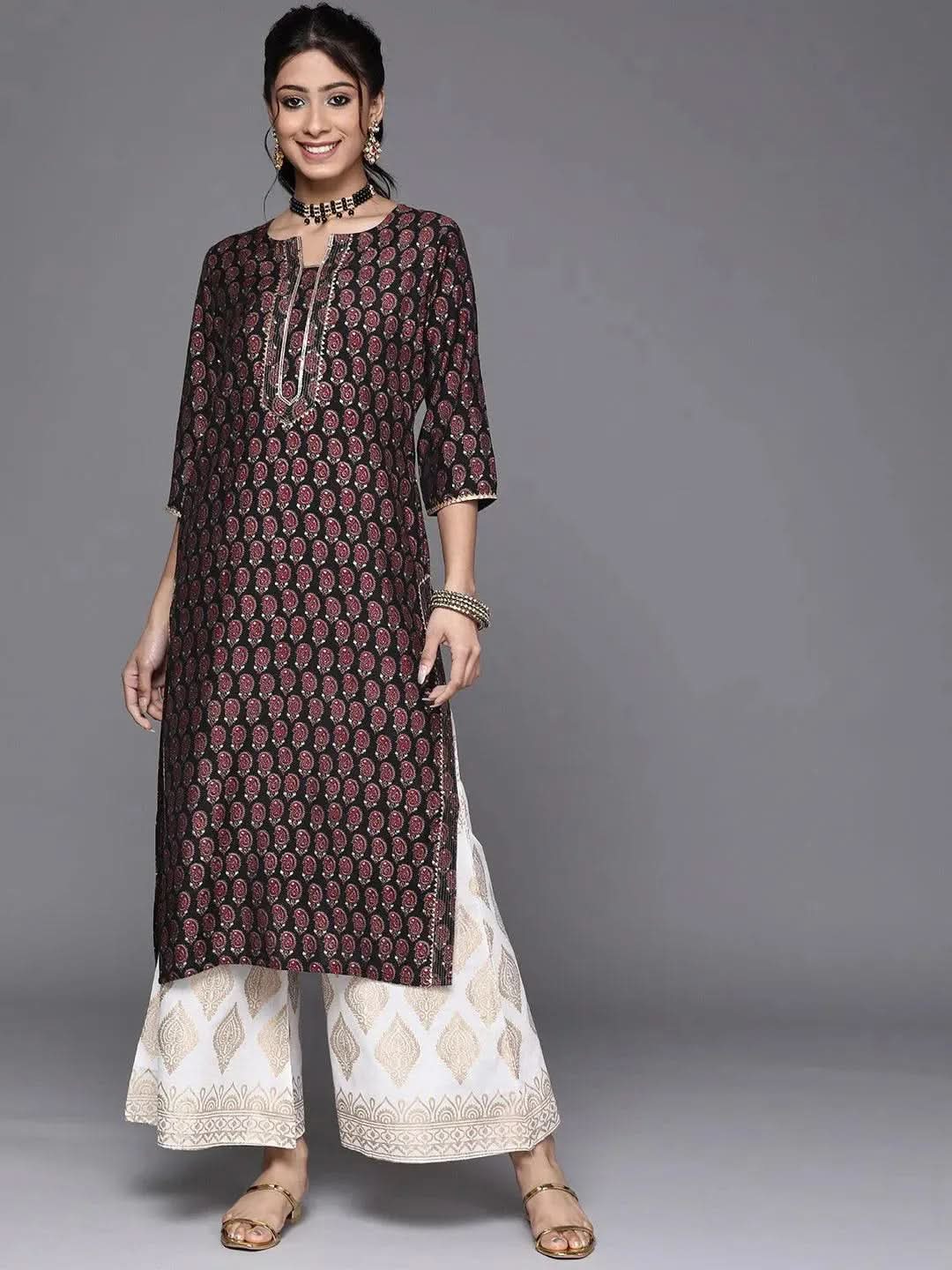 Black Printed Chanderi Silk Kurta - Libas