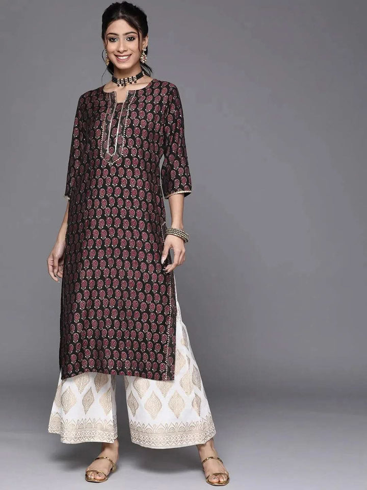 Black Printed Chanderi Silk Kurta - Libas