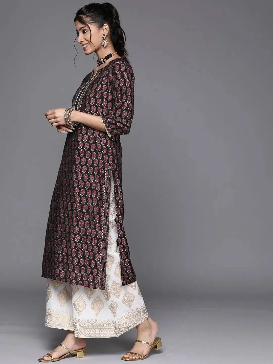 Black Printed Chanderi Silk Kurta - Libas