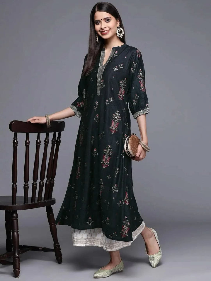 Black Printed Chanderi Silk Kurta - Libas