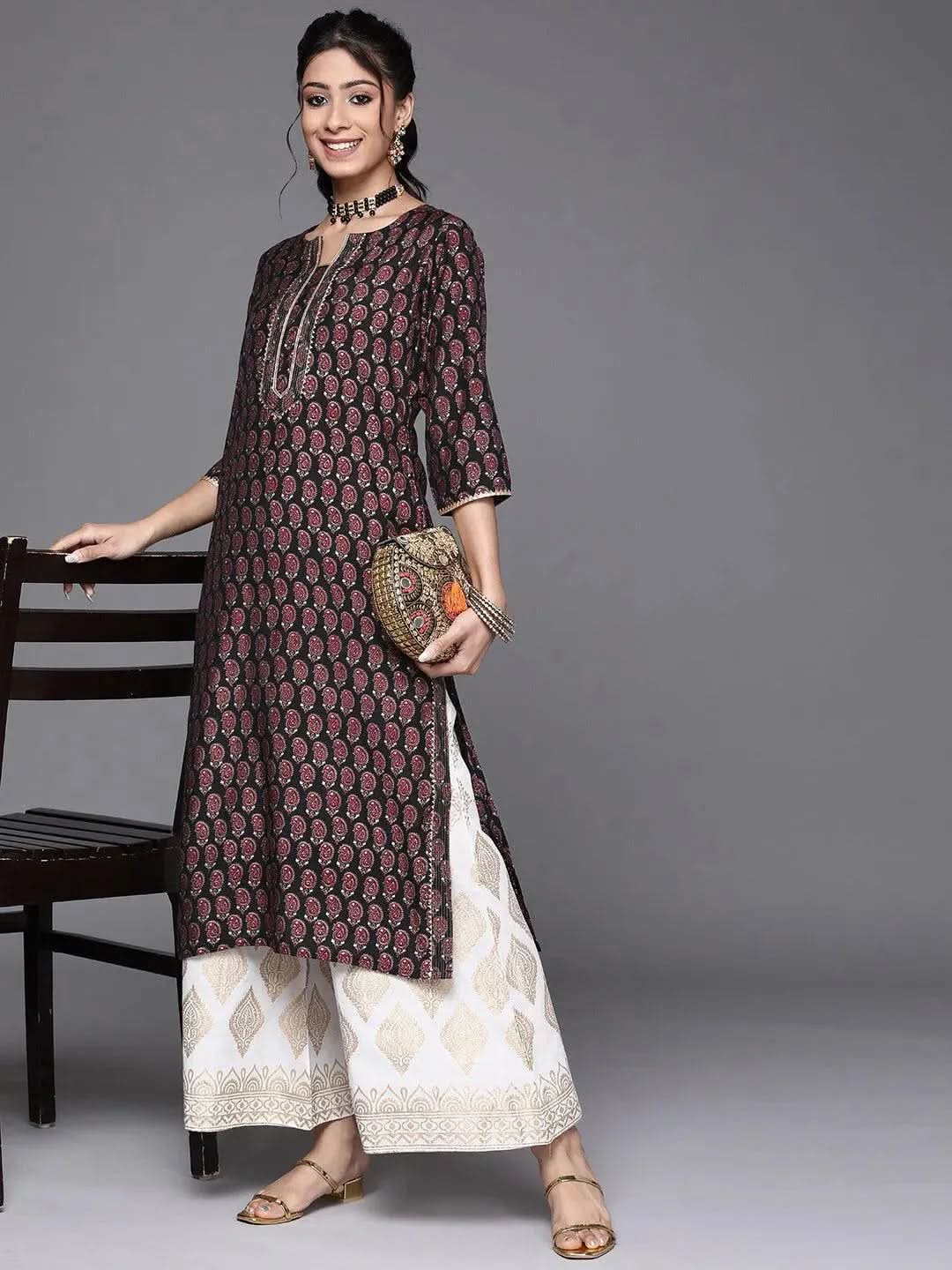 Black Printed Chanderi Silk Kurta - Libas