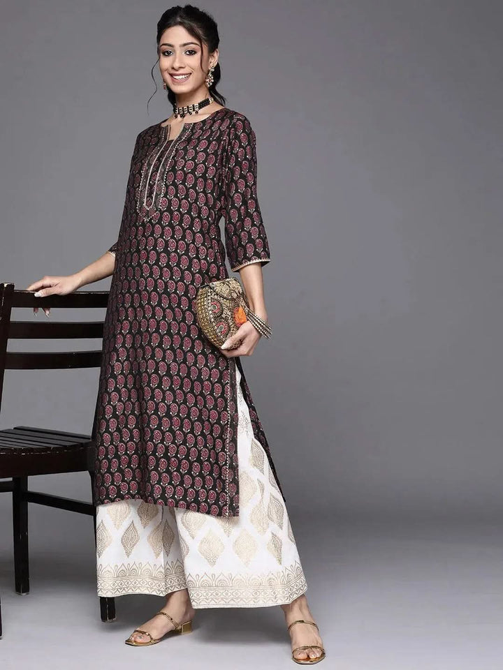 Black Printed Chanderi Silk Kurta - Libas