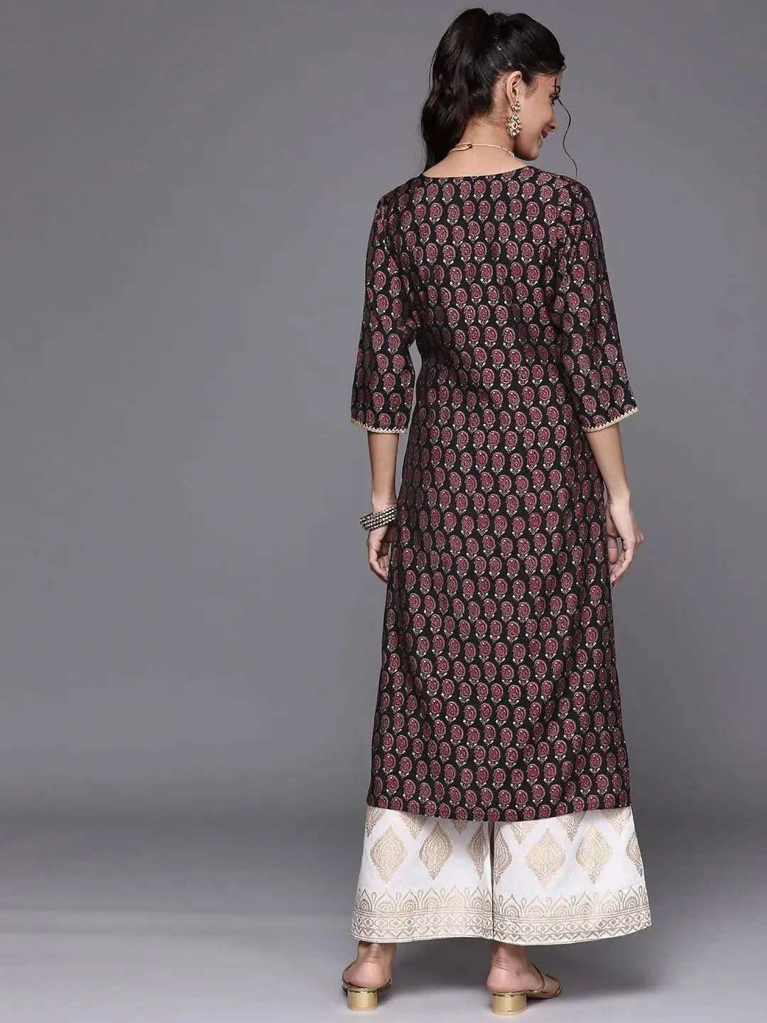 Black Printed Chanderi Silk Kurta - Libas